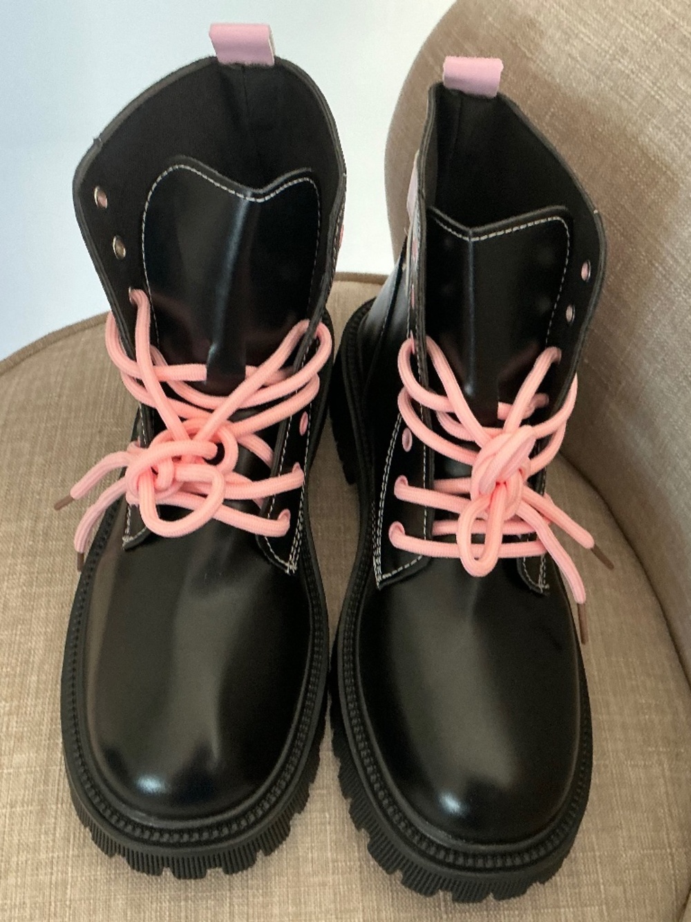 Black Combat Boots with Pink Heart Accents!